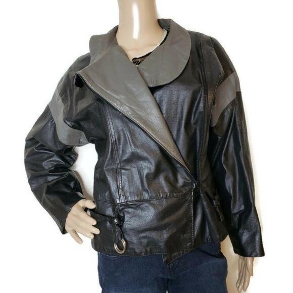 Avanti vintage Womens Leather Jacket Size 8 Black & Gray Asymmetrical Zip moto - Picture 4 of 11